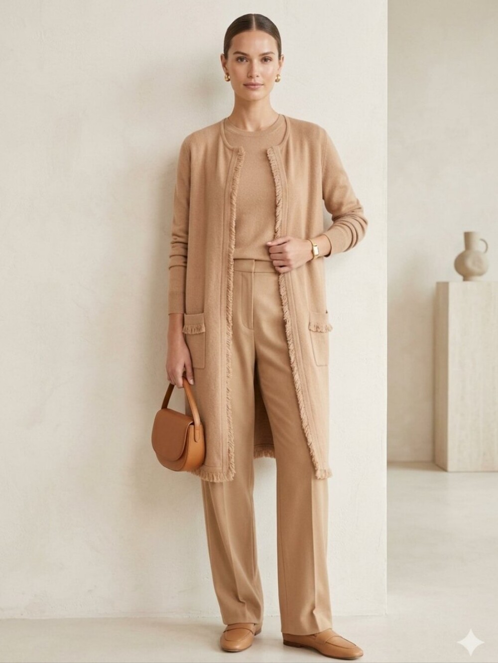 Fringed Long Cardigan Sweater | Large | Camel Tan